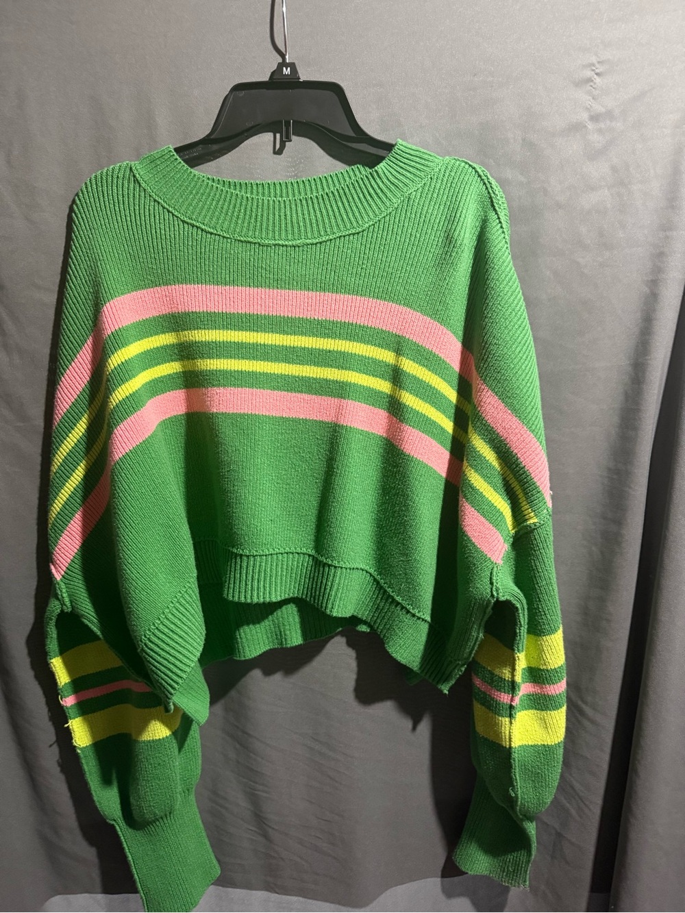 Free People Crop Green Crewneck Sweater with Pink & Yellow Stripes